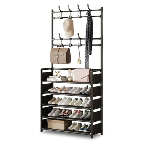 5-Tier Metal Shoe Rack with 8 Hooks — Coat, Hat & Bag Organiser
