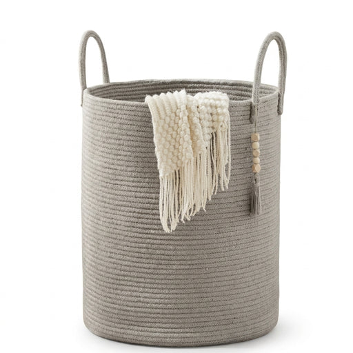 Large Tall Foldable Woven Storage Basket — Cotton-Rope Laundry Hamper