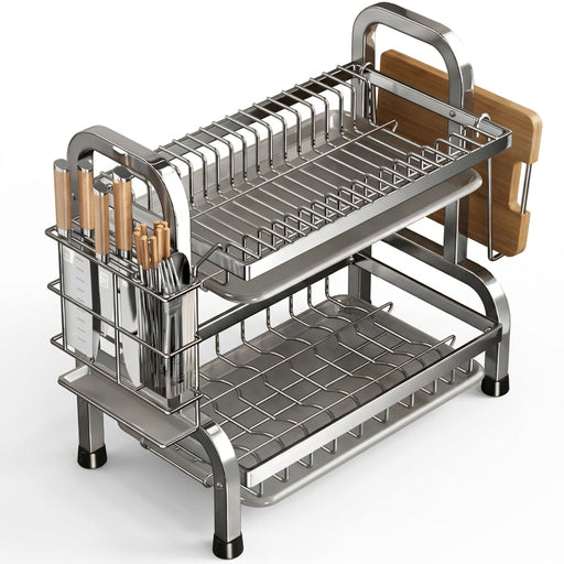 Compact Dish Drying Rack with Drainboard and Utensil Holder – Rust‑Proof Metal