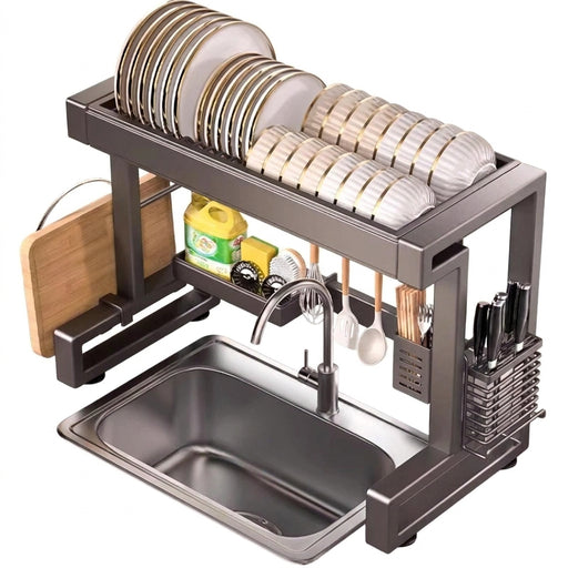Over‑Sink Dish Drying Rack with Utensil Holder — Stainless Steel, Matt Black