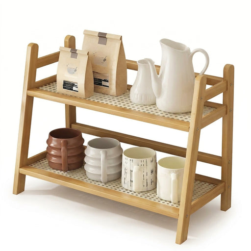 2-Tier Wicker-Look Coffee Station Organizer — Bamboo-Style Mug Holder for Countertop