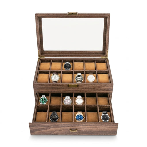 24-Slot Watch Box — Brown PU & Wood Display Case with Glass Lid
