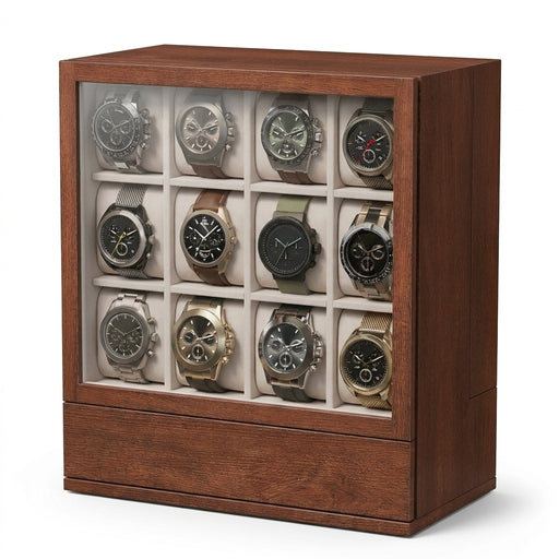 12-Slot Wooden Watch Display Case with Drawers — Coffee Brown