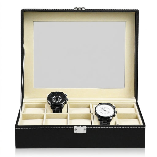 PU Leather Watch Display Box — 10 or 12-Slot Glass-Top Case