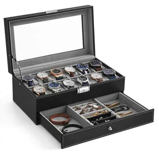 2-Tier Watch Box with Glass Lid — Holds 12 Watches, Lockable Drawer