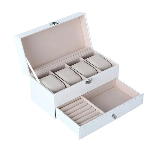 4‑Position Double‑Layer PU Leather Jewellery & Watch Storage Box