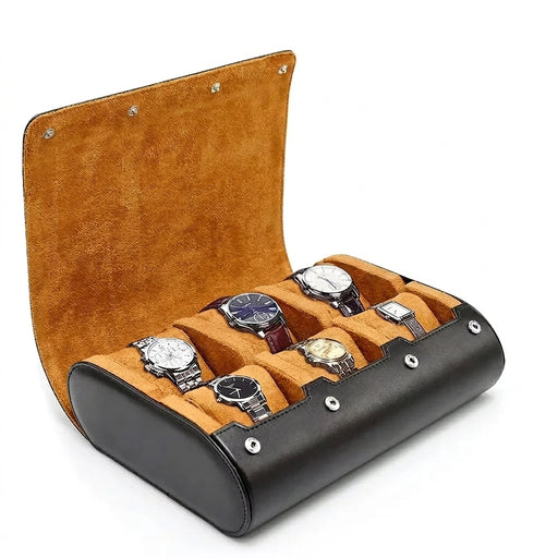 6-Slot PU Leather Watch Travel Case – Roll Organiser for Men & Women