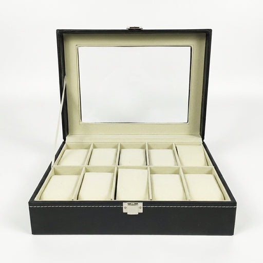 12-Slot Watch Box — Grey PU Leather with Clear Window & Velvet Lining
