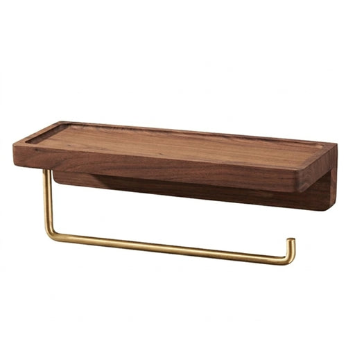 Wall-Mounted Toilet Roll Holder with Wood Shelf and Brass Fittings – Single Roll