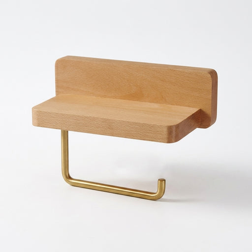 Wall-Mounted Toilet Roll Holder with Shelf — Brass & Wood, Stainless Steel