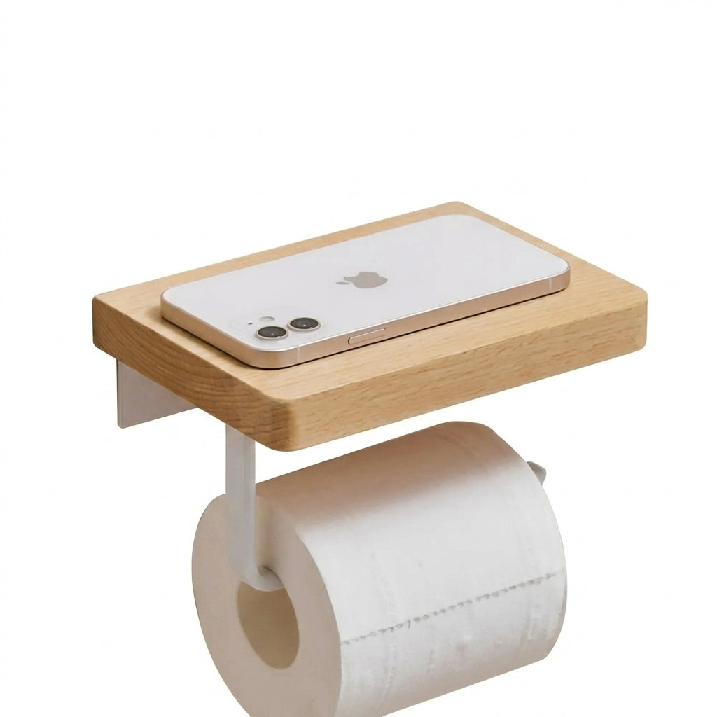 Stainless Steel Toilet & Tissue Roll Holder with Phone Shelf — I/H Style, Black or White