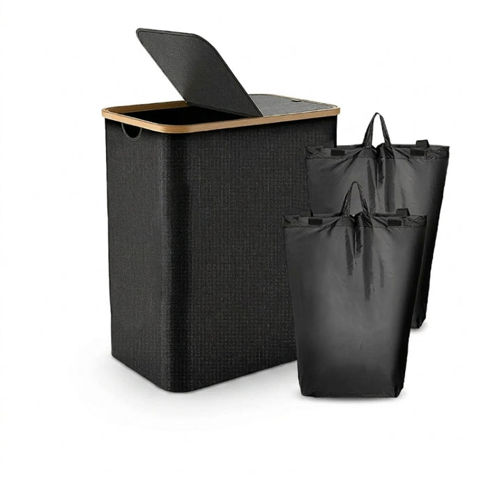 Foldable 2-Section Laundry Hamper with Lid — Bamboo Handles & Removable Bag