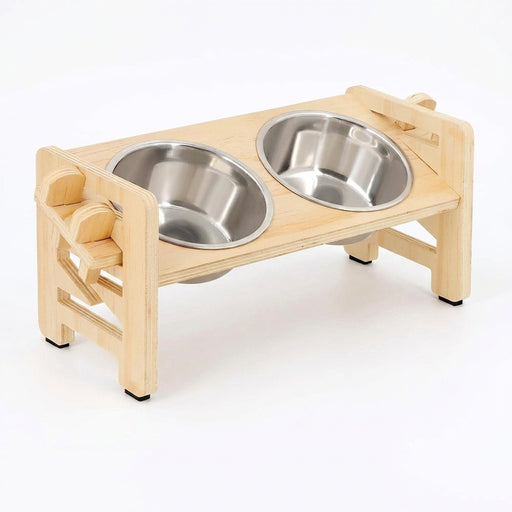 Adjustable Wooden Raised Pet Bowl Stand with 2 Stainless Steel Bowls for Small Dogs & Cats