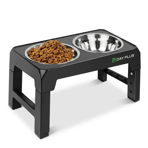 Dayplus Height-Adjustable Raised Dog Bowl – 2×1200ml Stainless Steel, 4 Heights (Black)