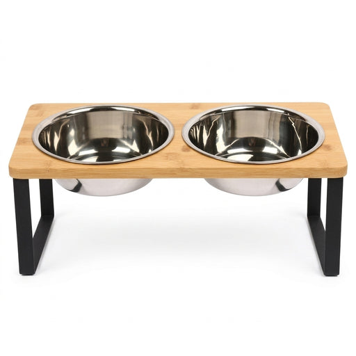 Elevated Wooden Pet Bowl Stand — 15° Tilt, Stainless Steel Double Bowls