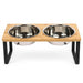 Elevated Wooden Pet Bowl Stand — 15° Tilt, Stainless Steel Double Bowls