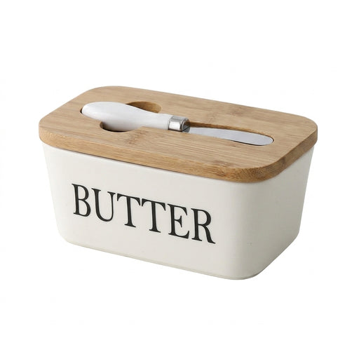 Ceramic Butter & Cheese Storage Box with Bamboo Lid and Knife — 14.8×8.5×6cm