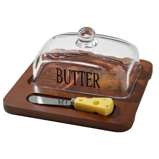 Bamboo Butter Dish with Glass Lid & Cutter — Reusable Butter Storage Case