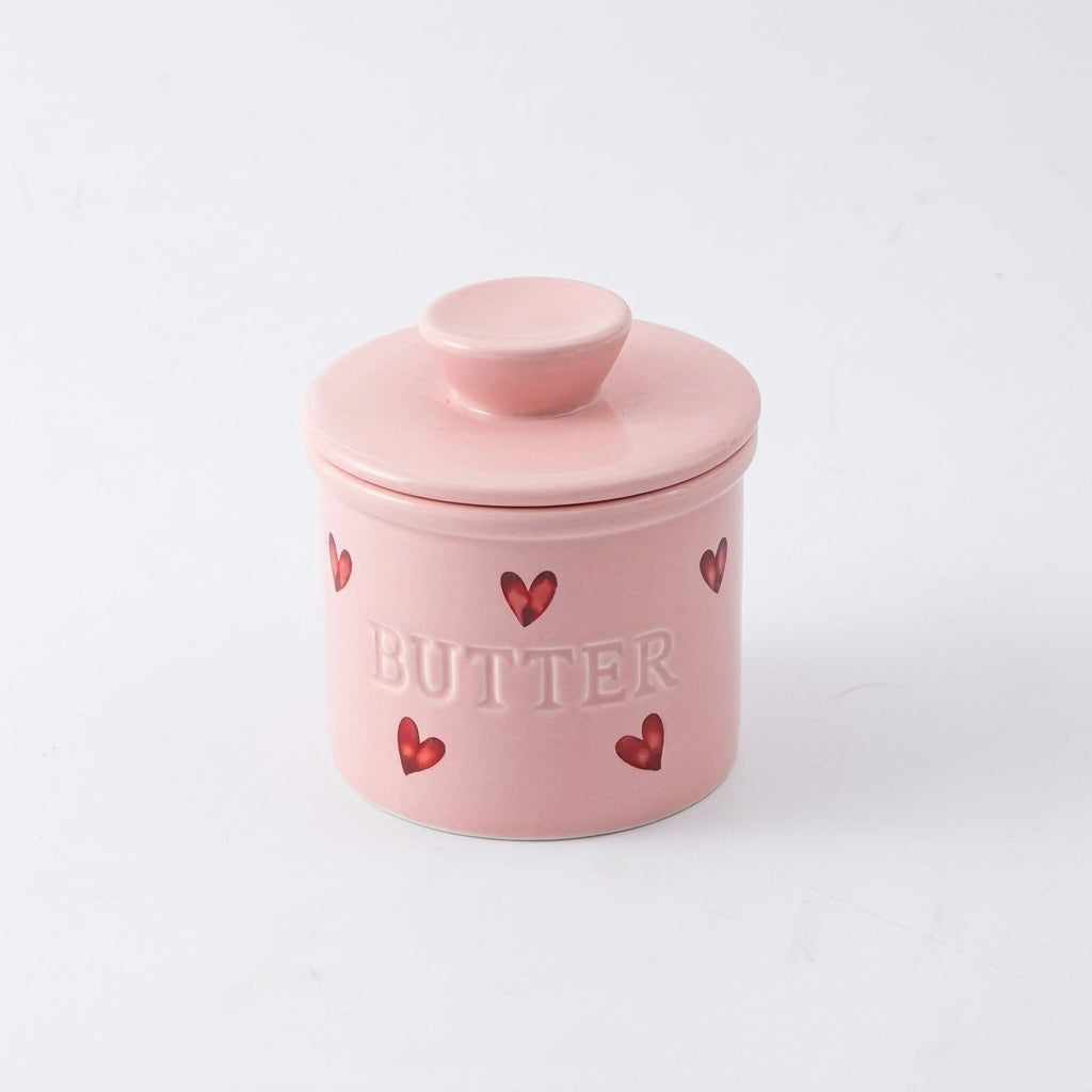 1-piece Pink Ceramic Butter Crock with Lid and Knife – French-style Porcelain Butter Dish