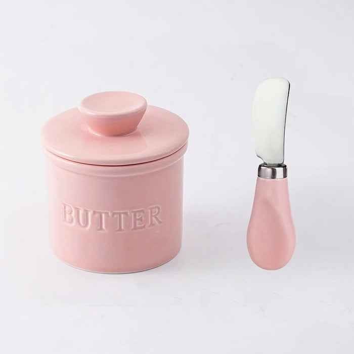 1-piece Pink Ceramic Butter Crock with Lid and Knife – French-style Porcelain Butter Dish