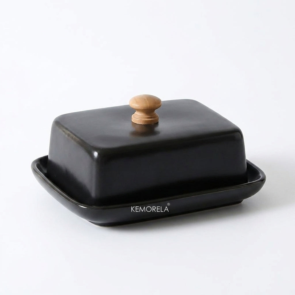 Ceramic Rectangular Butter Dish with Sealable Lid — Cheese Storage, White or Black