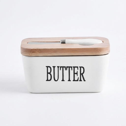 Ceramic Butter Dish with Bamboo Lid & Knife — Square Sealed Butter Box (350/500/650ml)