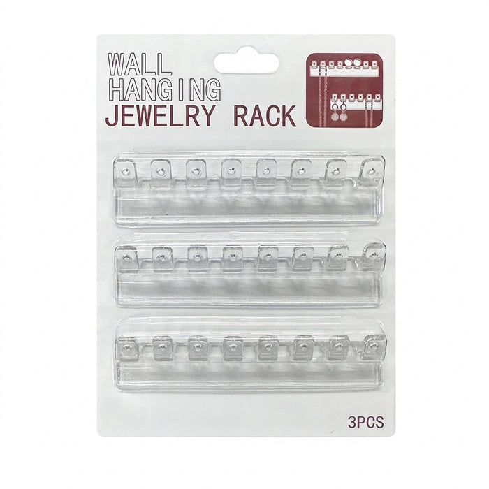 3-Pack Wall-Mounted Necklace Holder with 8 Hooks – Clear Plastic Jewellery Organiser