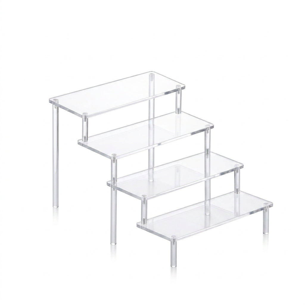 Transparent Acrylic Display Stand — 1–4 Tier Trapezoid Rack for Cupcakes, Perfume & Dolls
