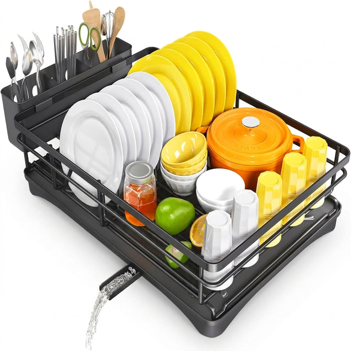 Large Rustproof Steel Dish Rack with Drainboard & Utensil Holder – Black