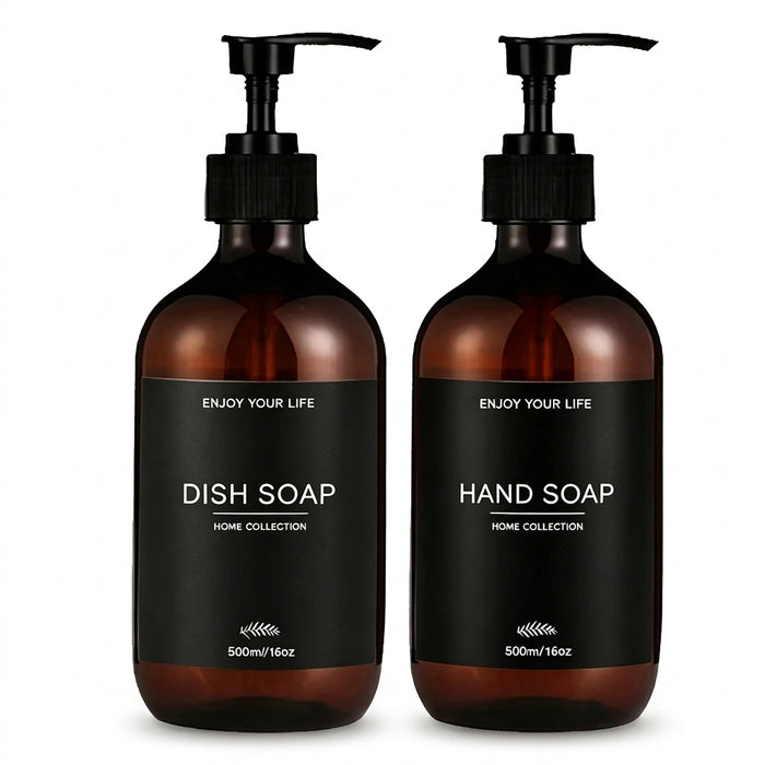 Set of 5 Amber 500ml Refillable Pump Bottles – Empty Dispensers for Shampoo, Conditioner, Hand & Dish Soap