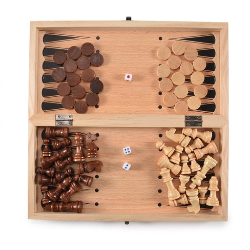 3-in-1 Wooden Board Game Set — Chess, Draughts & Backgammon, 29×29cm