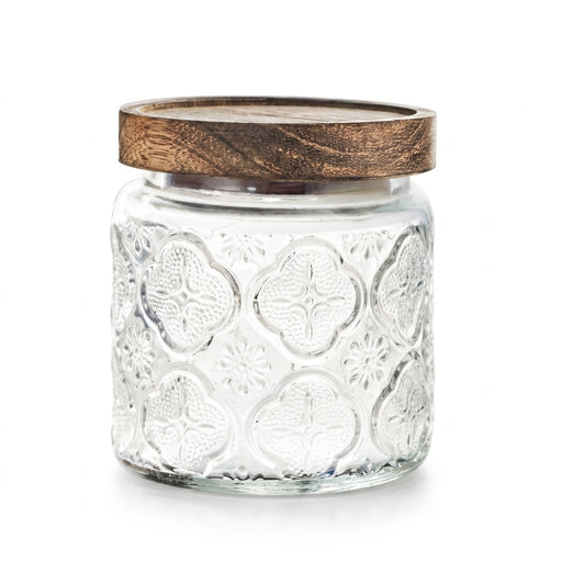 Vintage Glass Canister with Wooden Lid — Airtight Embossed Jar (M)