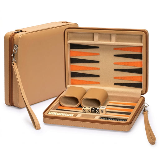 Travel Chess & Backgammon Set with Acrylic Pieces in Leather Case, 25 x 19 x 6 cm